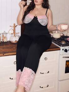 SweetSlumber Plus Size Women Y2K Lace Patchwork Bow Decor Sleepwear Set, Romantic - Black - View 4