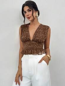 Firerie Women's Elegant Romantic Date Night Brown Lace V-Neck Sleeveless Ruffle Hem Fitted Blouse, Spring/Summer New Ladies Top, Afternoon Tea, Vacation, Graceful Top - Coffee Brown - View 3