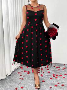 Elenzga Plus Size Women's Red Heart Embroidered Mesh Sleeveless Dress,Black And Red Summer Cute Party Casual Heart Pattern Dress For Valentine's Day/New Year - Multicolor - View 3