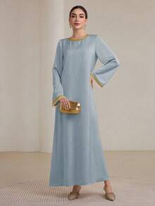 Graceveil Ribboned Ruffle Hem Women's Arabian Style Dress, Suitable For Spring And Autumn Modest - Blue - View 3