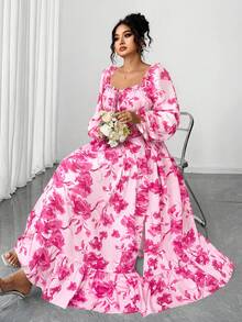 Elenzga Plusstorlekar Elegant Fransk Dam Mode Personlig Slumpmässigt Rosa Blommig Volangkant Långärmad Figurnära Maxiklänning, Lämplig För Vardagskläder, Utflykt, Pendling, Semester, Dejt, Alla Hjärtans Dag, Nyår - Multifärgad - Visa 6