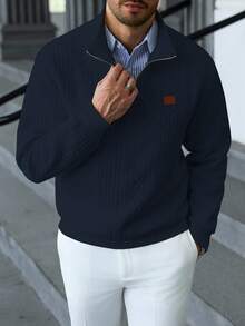 Manfinity Homme 男士加大码休闲纯色纹理立领拉链卫衣，男士新款秋季简约休闲套头拉链卫衣，适合日常通勤和旅行的百搭单品，男士绞花针织卫衣，男士针织衫，四分之一拉链卫衣 - 藏蓝色 - 查看 4
