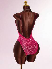 Amplova Rhinestone Glitter Backless Sheer Sexy Bodysuit For Party - Hot Pink - View 9
