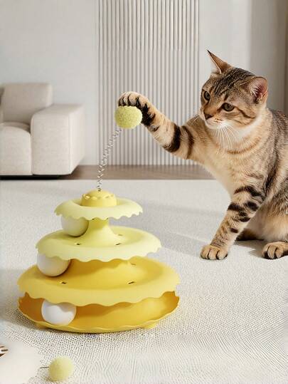 Interaktiv kattleksak med spår, 3-nivåers roterande bollleksak för innekatter, stimulerande pusselspel för tristess och ångestlindring hos vuxna katter, avtagbara katttornbollar för lek och träning, berikande leksak