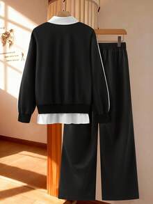 Modelyn Contrast Color Collared Casual 2 Pieces Set - Black and White - View 2