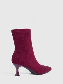 CUCCOO SZL Fashionable & Elegant Rhinestone Embellished High Heel Ankle Boots, Suitable For Commuting Valentine's Day - Burgundy - View 3