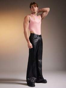 FeverCity Men's Fashionable Solid Color Hollow Out Sleeveless Jumpsuit - Pink - View 5