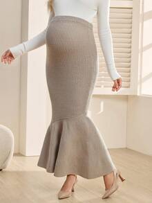 SHEIN Maternity Solid Color Adjustable Waist Elegant Mermaid Hem Knit Midi Skirt