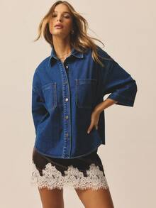 Aralina 女士翻领单排扣口袋休闲百搭日常通勤牛仔夹克 - 中等水洗藍 - 查看 5