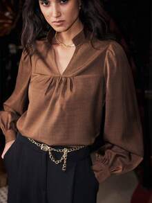 Uhlyne Uhlyne Women's V-Neck Lantern Sleeve Loose Blouse, Spring/Autumn - Brown - View 6