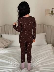 DAZY 女童碎花上衣和裤子睡衣套装 - 棕色 - 查看 6