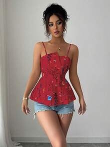 Selianne Floral Print Asymmetrical Hem Camisole Crop Top For Women, Spring/Summer - Red - View 3