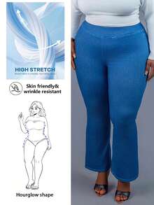 CurvyTilda Quần jeans ống loe rộng, màu trơn, cạp chun co giãn, chất liệu dệt kim, dáng casual, phù hợp với dáng người đồng hồ cát. - Màu xanh lam - Xem 1