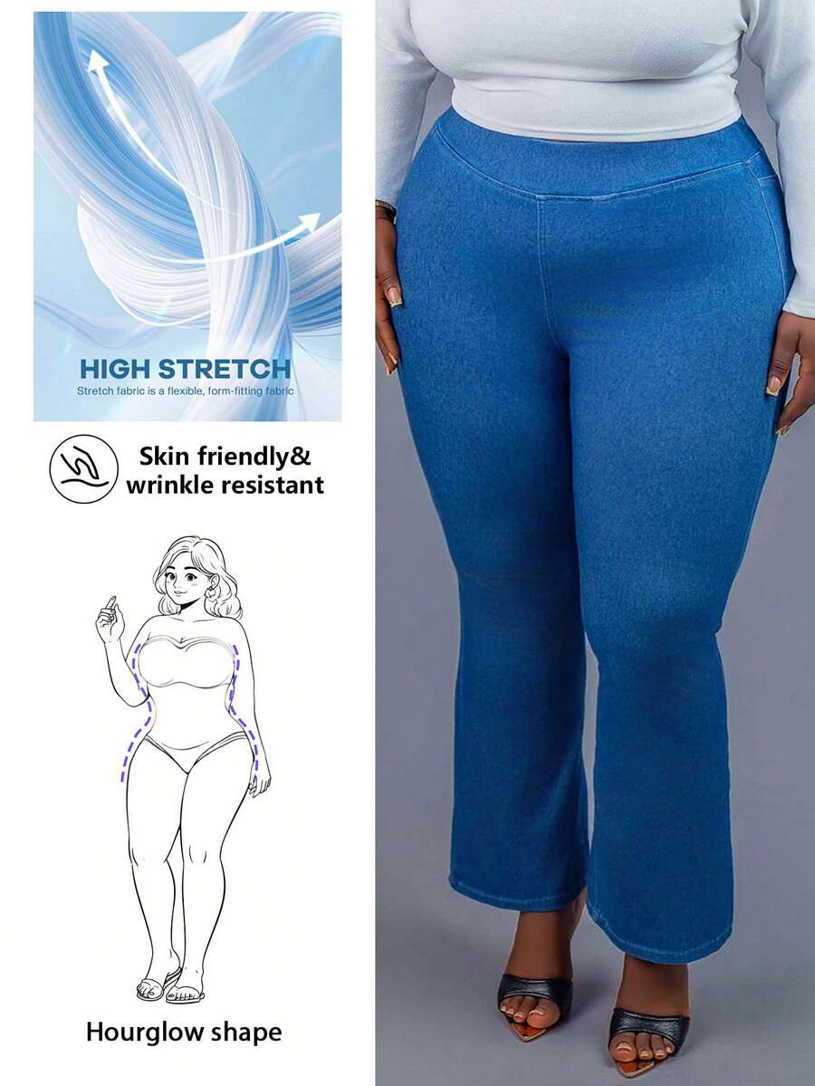 CurvyTilda Quần jeans ống loe rộng, màu trơn, cạp chun co giãn, chất liệu dệt kim, dáng casual, phù hợp với dáng người đồng hồ cát. - Màu xanh lam - Xem 1