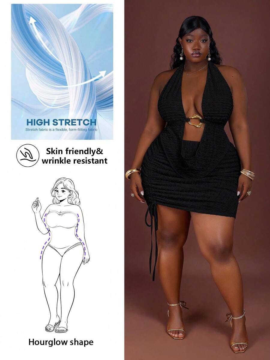 CurvyTilda Plus Size Sexy Halter Backless Sleeveless Top, Summer, For Hourglass Body Shape - Black - View 1