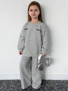 DAZY 2pcs Young Girl Girls Crew Neck Printed Sweatshirt + Pants Homewear Set, Fall - Grey - View 5