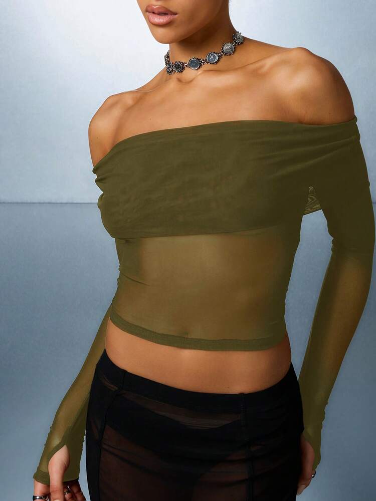 SUMWON WOMEN Off Shoulder Mesh Bardot With Thumb Holes