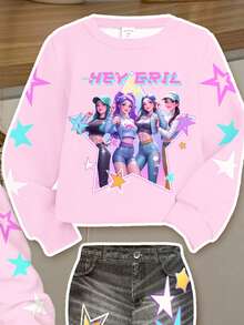 SHEIN 女婴卡通女孩彩色星星印花图案，韩流明星风，休闲简约针织柔软圆领长袖衬衫和裤子套装，适合秋冬季穿着 - 彩色 - 查看 6