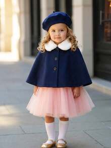 Souflis Souflis 2025新款优雅法式白色毛领藏蓝色超大羊毛大衣，女士款