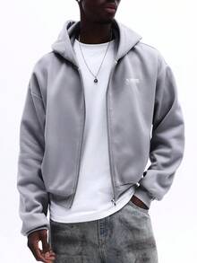 SUMWON Men's Zip Up Hoodie With Chest Logo Long Sleeve Casual Pullover Fall Winter Streetwear Sweatshirt Outerwear - Light Grey - View 5