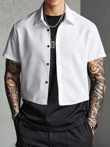 Manfinity Hypemode 男士纯色短袖单排扣休闲衬衫 - 白色 - 查看 7