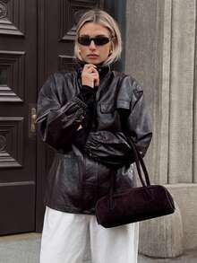 Ontre 2025秋冬女式夹克，PU皮革材质，商务休闲复古百搭款，收腰设计，宽松版型，棕色，都市简约通勤风 - 鏽棕色 - 查看 5