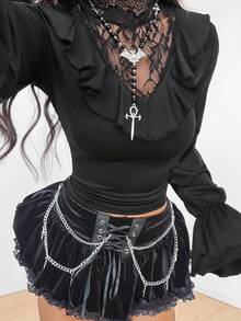 Coolane 女士秋冬Y2K哥特风蕾丝弹力舒适高领荷叶边长袖万圣节黑色T恤，哥特风上衣