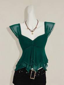 SHEIN ICON Áo tank top nữ dáng ôm, xếp ly phía trước, phối lưới, tay ngắn, hở lưng, thích hợp mặc đi nghỉ mát. - Màu xanh lá cây đậm - Xem 3