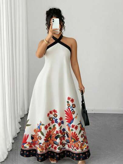 Elenzga Vestido de mujer talla grande con estampado floral y cuello halter, estilo vacacional