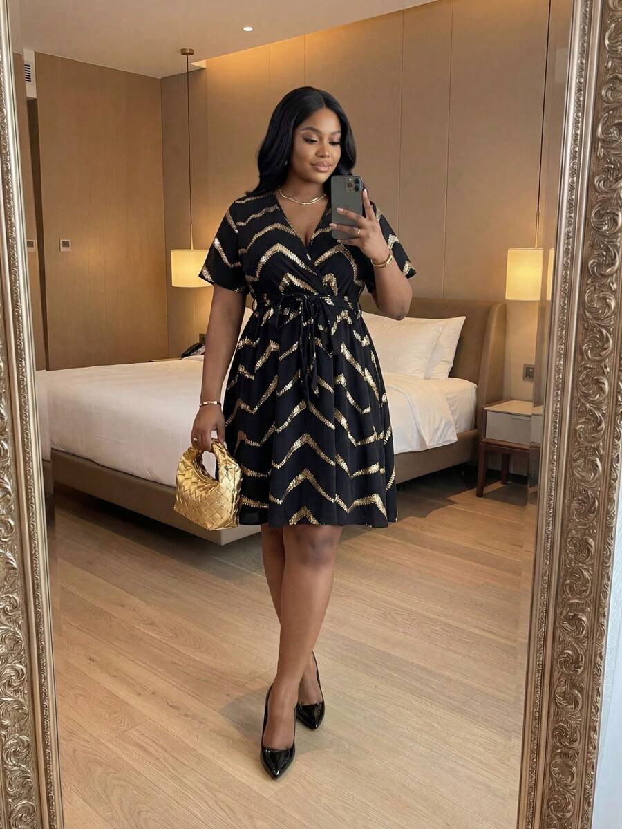 SHEIN Lady 秋冬优雅派对通勤办公彩色编织金属重叠领喇叭腰带中长短袖大码连衣裙优雅套装女士连衣裙