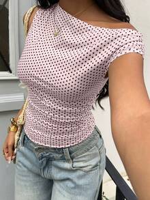 Sunnyshic Petite 黑白波点不对称褶皱修身腰部上衣，优雅休闲度假沙滩装，适合娇小女性夏季穿着 - 粉色 - 查看 3