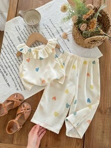 This 2 Pieces Cute Baby Girl Woven Floral Ruffle Top And Loose-Fitting Trousers Set Is Suitable For Birthday Parties, Evening Parties, Performances, Weddings, Baptisms, School Ceremonies, School Trips, And Spring/Summer.