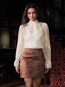 Franclia Blusa con cuello de volantes bordados para mujer, diseño con lazo, para fiesta/cita - Beis - Ver 5