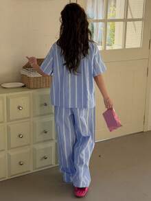 Dazy Kids 少女条纹翻领短袖单排扣上衣和裤子睡衣套装 - 藍色 - 查看 3