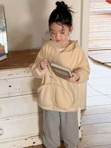 DAZY 女童连帽蕾丝边拼接口袋长袖外套，秋冬款 - 杏色 - 查看 5