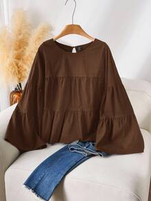 CosyJoli Blusa holgada de cuello de muñeca, corte evasé en A, de talla grande, para primavera - Café integral - Ver 1
