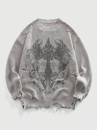 Grunge Punk كنزة صوفية مطبوعة بطباعة مشوهة أبوكالبتية للرجال