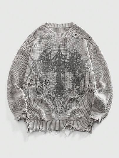 Grunge Punk Maglione lavorato a maglia con stampa apocalittica consumata da uomo