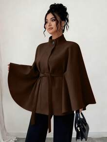 SHEIN Elenzya 大码女士优雅针织羊毛大衣，适合秋冬季节，棕色/巧克力棕色 - 棕色 - 查看 6