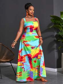 Slaydiva 大码女式撞色高饱和度图案吊带高腰宽松A字长裙，适合夏季/圣诞节/新年/感恩节/海滩/优雅场合/社交/通勤/日常/商务/机场/派对/毕业典礼等各种场合。 - 彩色 - 查看 3