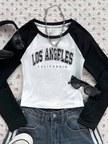 SHEIN Áo thun tay raglan tối giản, thoải mái dành cho bé gái tuổi teen - Đen và trắng - Xem 1