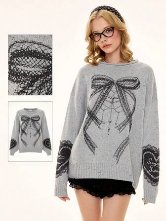 Suéter de encaje jacquard con lazo kawaii y lindo, dulce y encantador