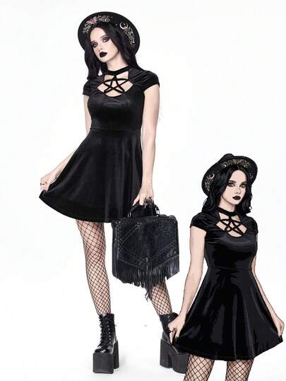 Goth Vestido de terciopelo con diseño de pentágono hueco en la parte delantera, estilo gótico