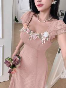 Modelyn 女士蕾丝拼接花卉饰边装饰无袖夏季连衣裙 - 粉色 - 查看 6