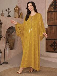 Al Najma Vestido feminino tradicional árabe com estampa floral, decote em V, manga morcego, modelagem solta, ideal para férias e viagens. - Amarelo - Ver 7