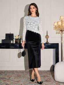 Modelyn Vestido ajustado de manga larga con cuello redondo y encaje de contraste para mujeres - Blanco y Negro - Ver 7