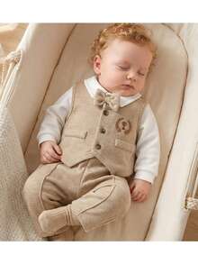 Loomiva Newborn Baby Boy 3 Pieces Set: Contrast Bow Collar Long Sleeve Top, Elastic Waist Pants, And Sleeveless Vest