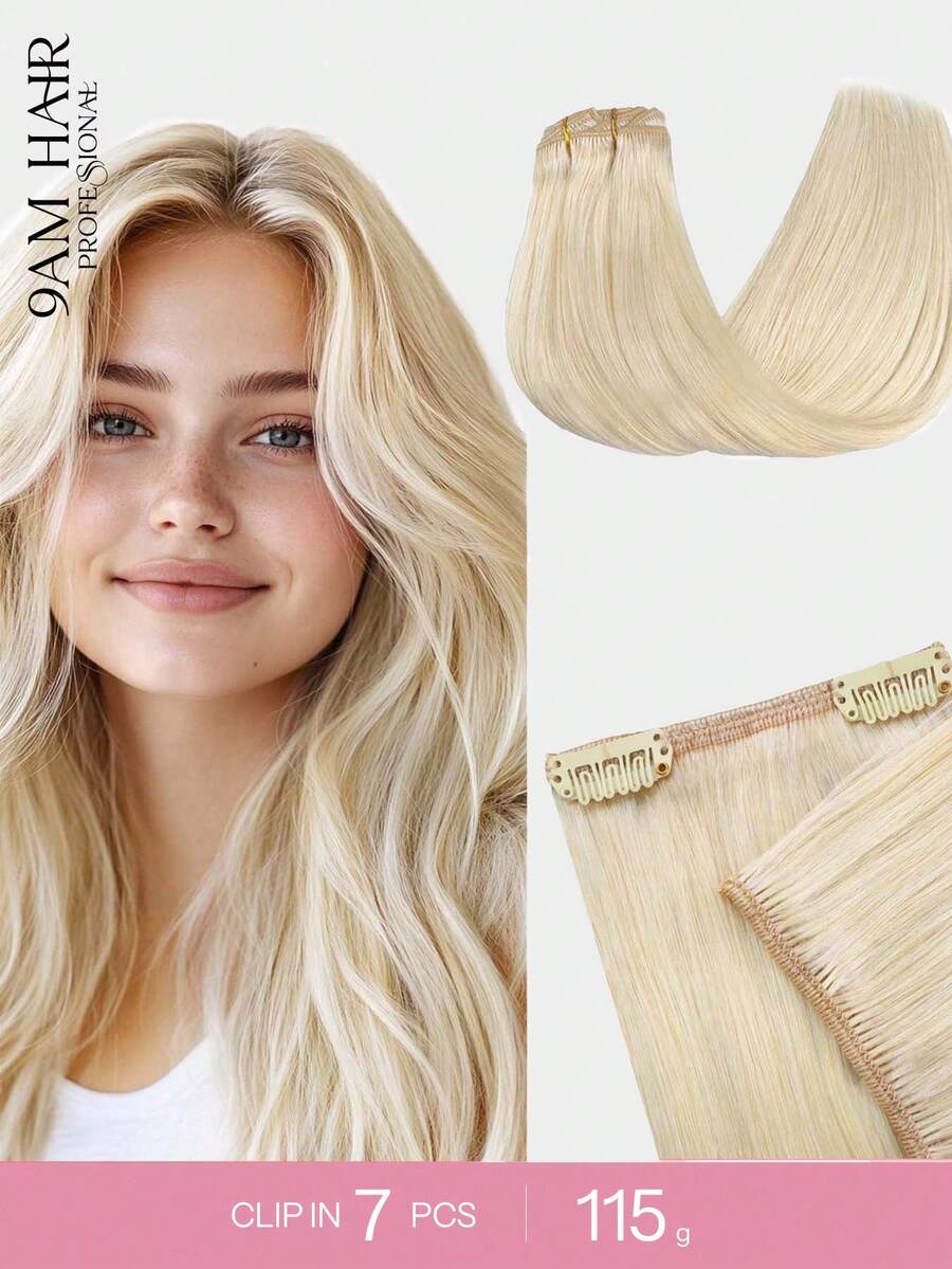 7 PIEZAS Extensiones de cabello con clip recto 100% cabello humano real de 14-24 pulgadas 115G Doble trama Extensiones de cabello con clip invisibles Cabello humano Remy natural para uso diario de mujeres y niñas - S60A - Ver 1