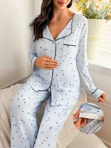 Moonlight&Mama 2pcs Maternity Star & Moon Print Button-Up Collar Long Sleeve Top And Pants Pajama Set - Multicolor - View 1