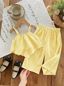 SHEIN LMoss Kids 2pcs Baby Girl Solid Color Sleeveless Top And Loose Casual Pants Set - Yellow - View 1